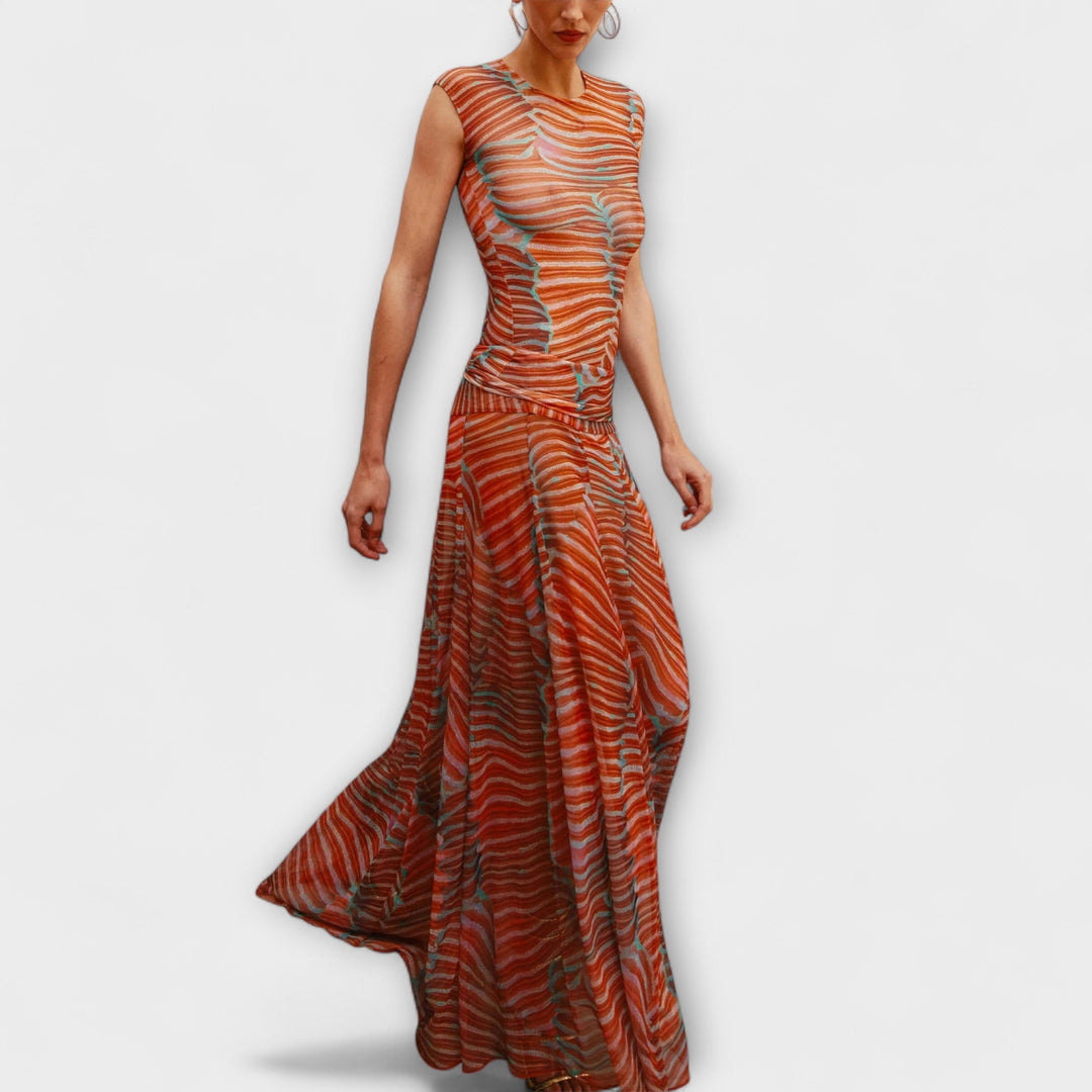 Phoenix – Schimmerndes Wellen-Mesh-Bodysuit und Rock-Ensemble