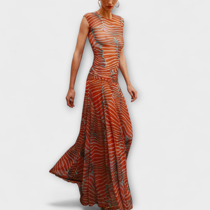 Phoenix – Schimmerndes Wellen-Mesh-Bodysuit und Rock-Ensemble
