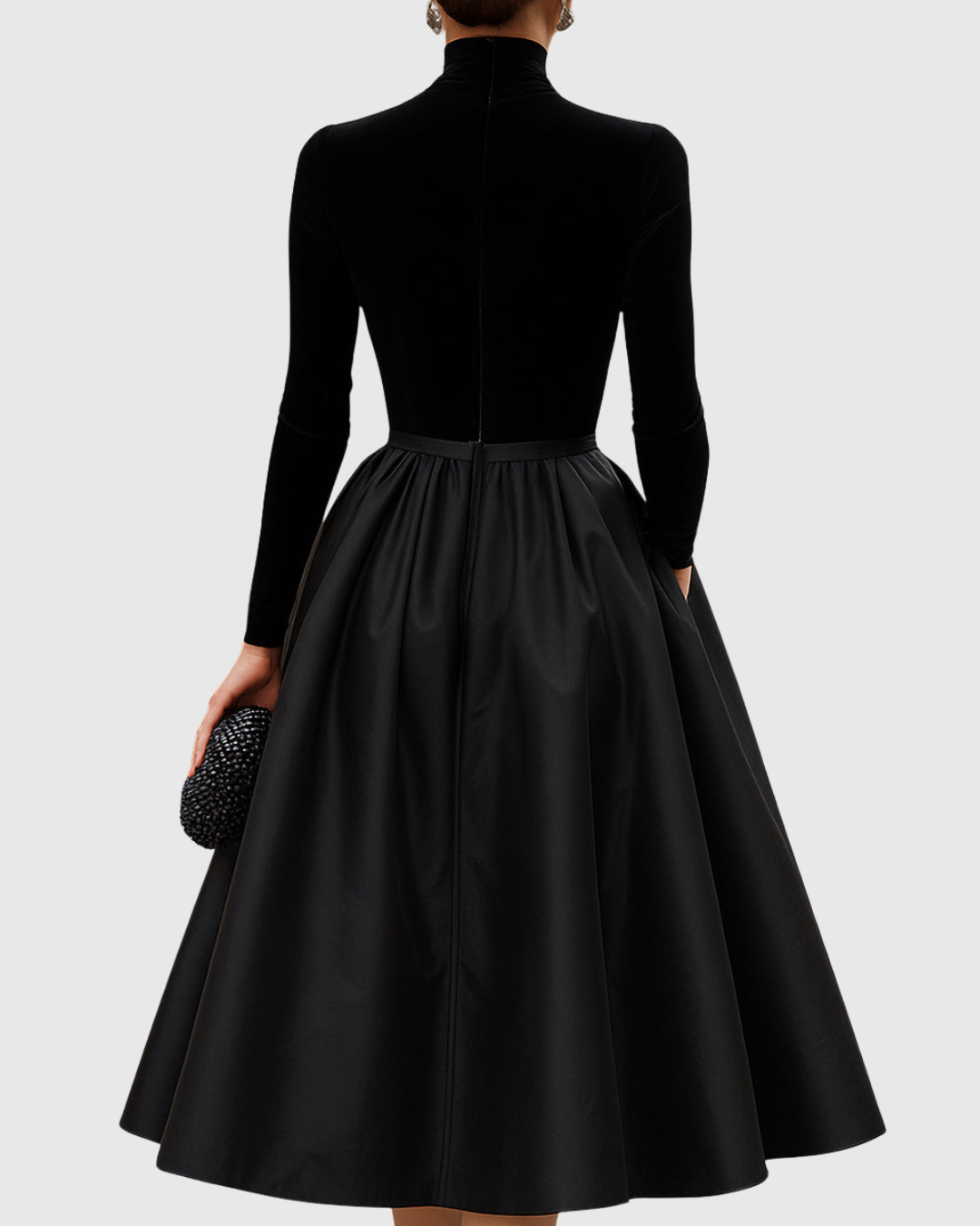 Aradia | Elegantes schwarzes Samt- und Satin-Midikleid