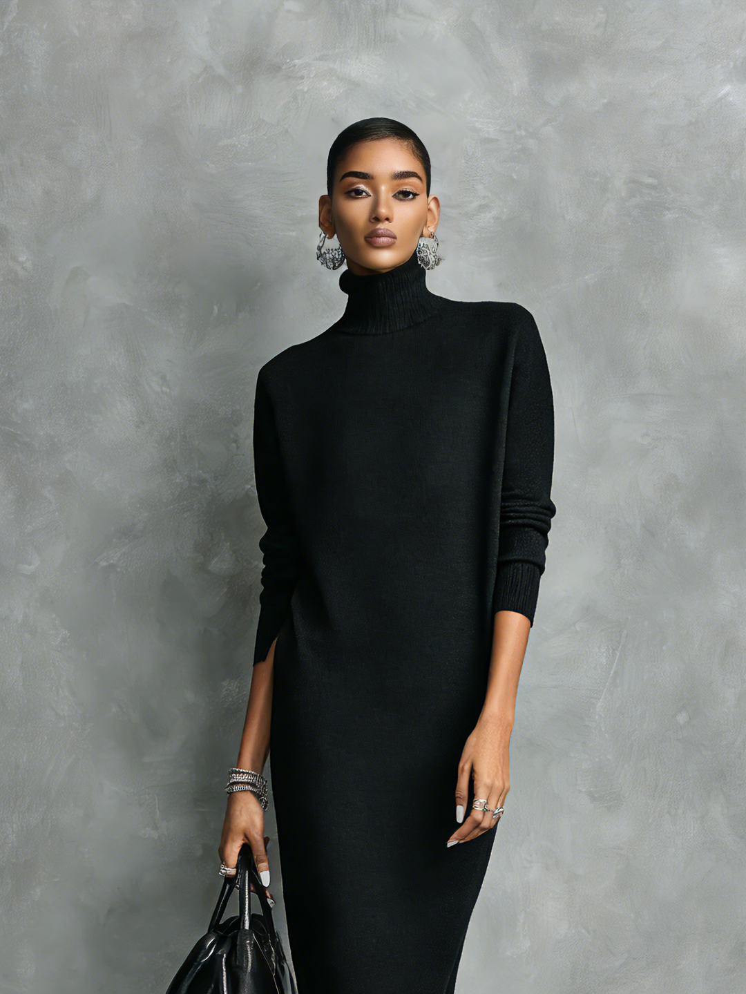 Schwarzes Midi-Kleid aus Strick mit Stehkragen