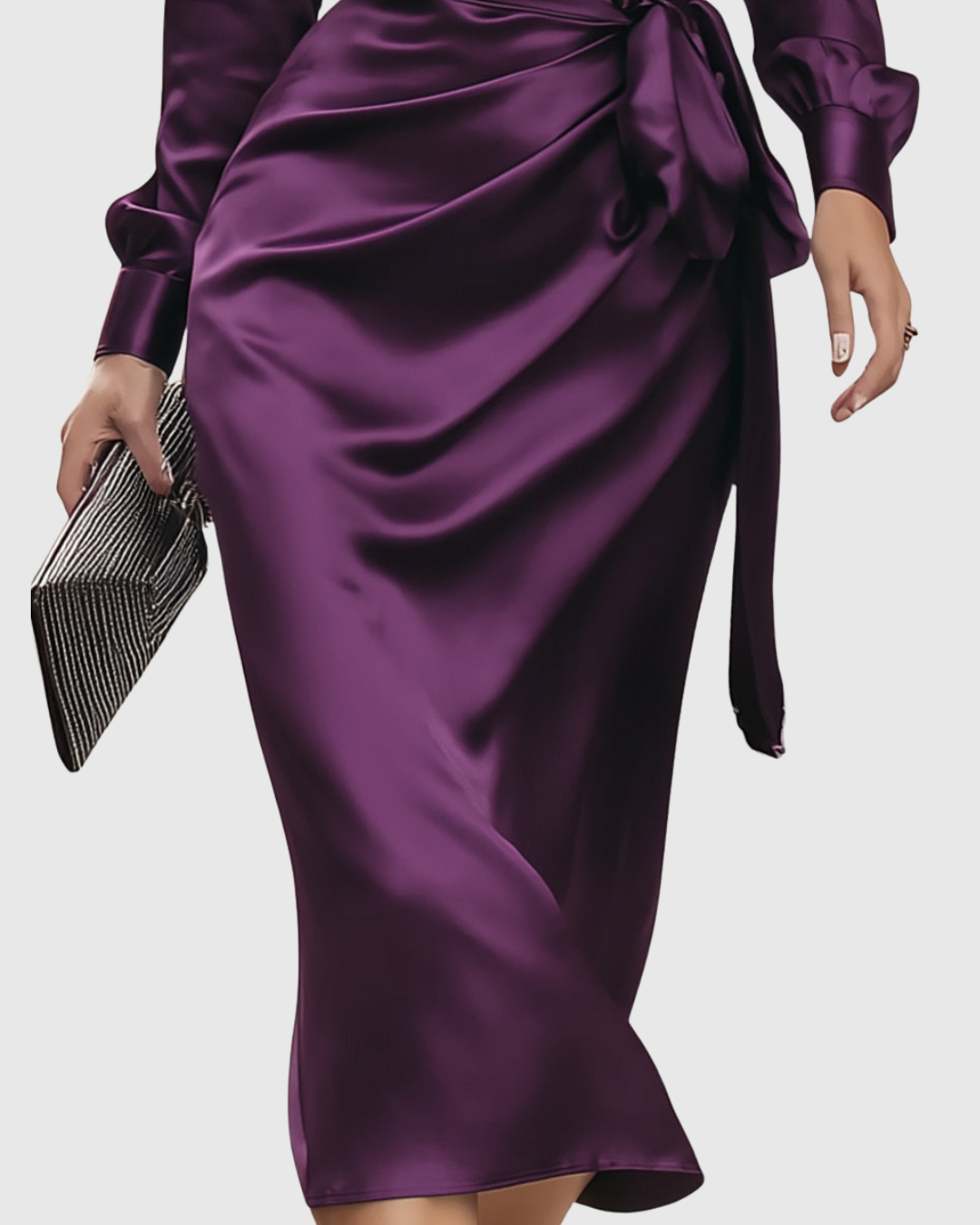 Cerelia | Dunkelpflaume Satin Wickel Midi Kleid