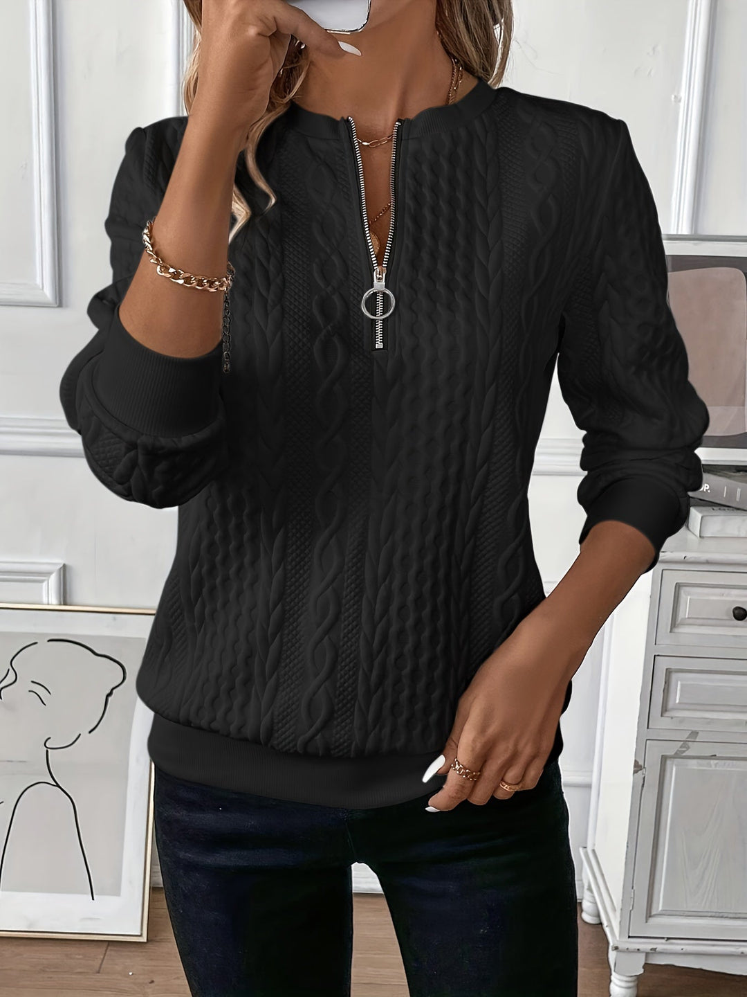 Harriet – Kabelstrick-Pullover mit Reißverschluss
