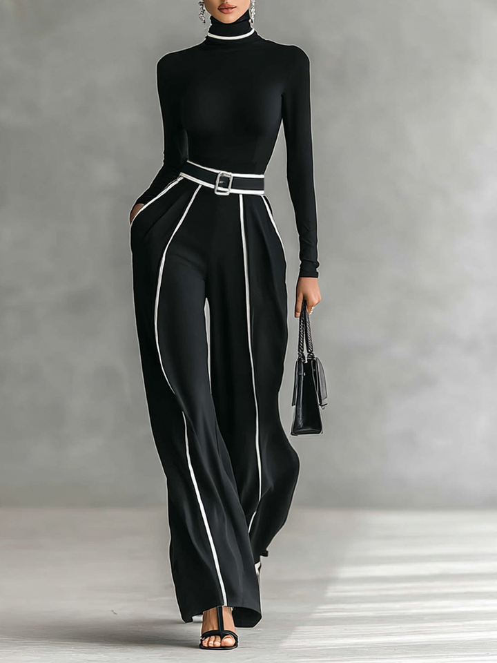 Ensemble mit Stehkragen und weitem Hosen mit Gürtel
