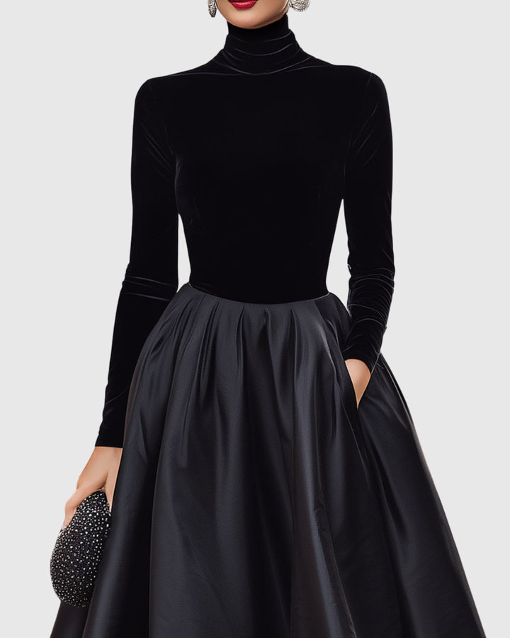 Aradia | Elegantes schwarzes Samt- und Satin-Midikleid