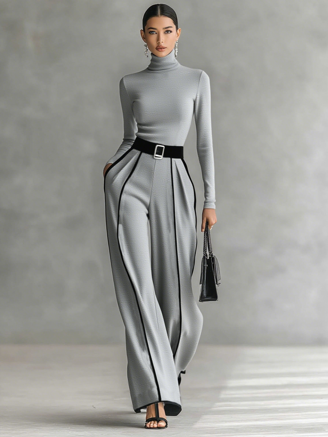 Ensemble mit Stehkragen und weitem Hosen mit Gürtel