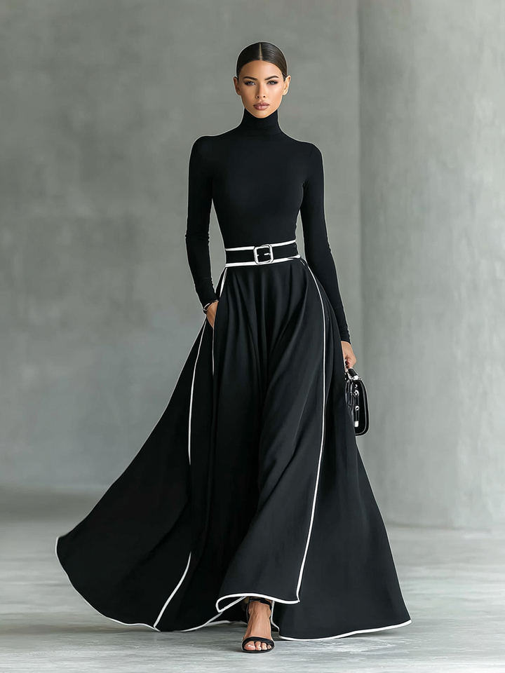 Schwarzes Maxikleid mit weißen Nähten