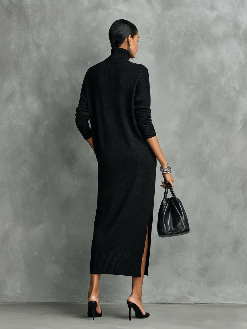 Schwarzes Midi-Kleid aus Strick mit Stehkragen