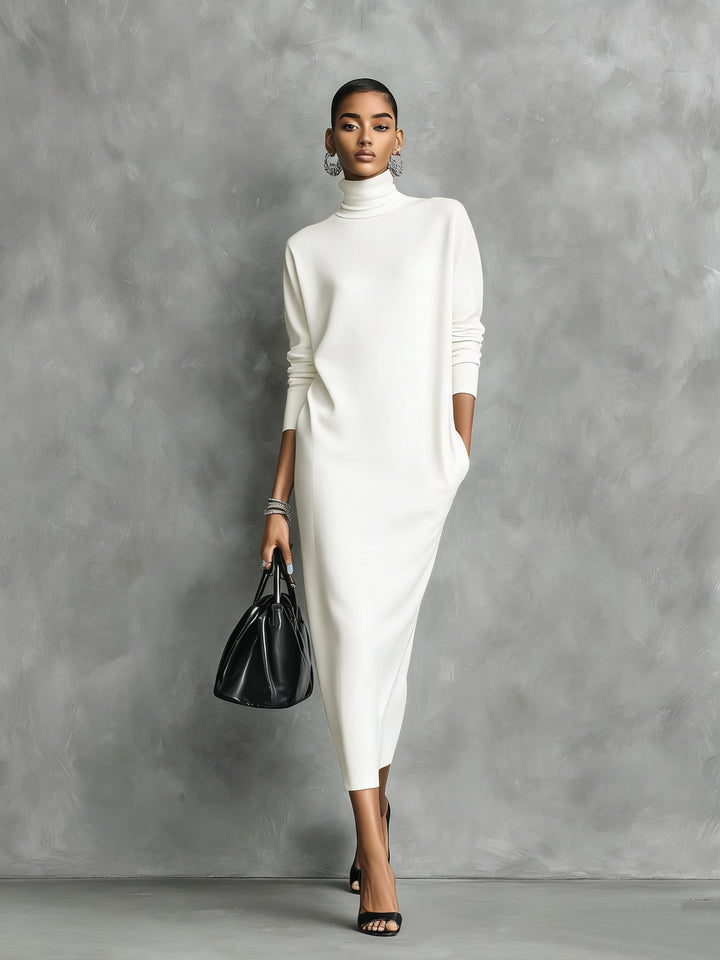 Schwarzes Midi-Kleid aus Strick mit Stehkragen
