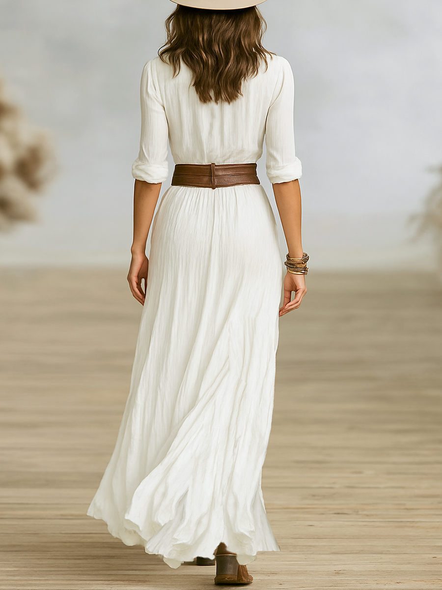 Maxikleid aus Baumwolle-Leinen mit wendbarem Kragen