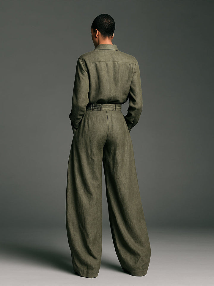 Ensemble aus Baumwoll-Leinen-Hemd und weitem Hosen