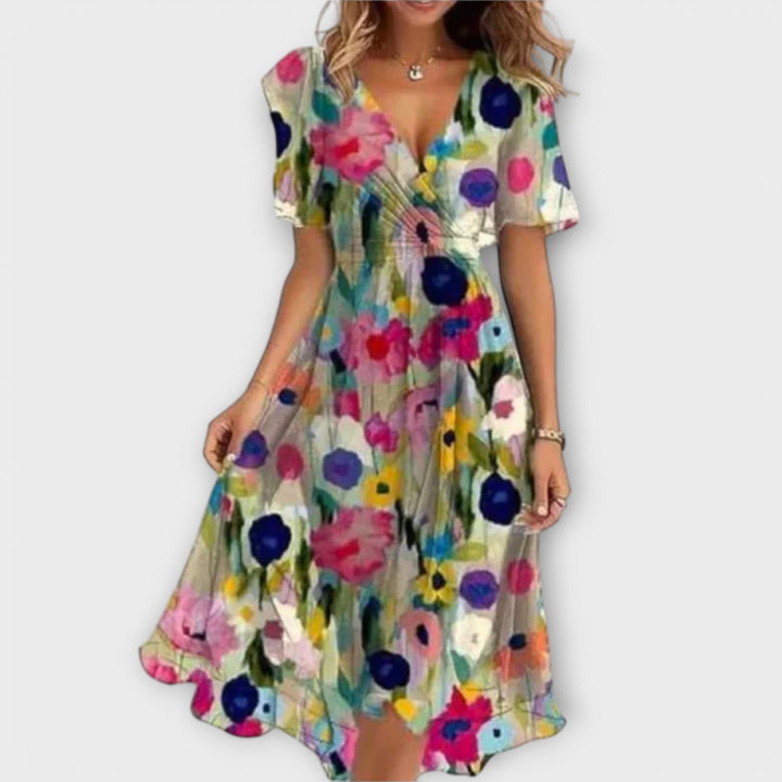 Isolde - Florales V-Ausschnitt Wickel-Midikleid