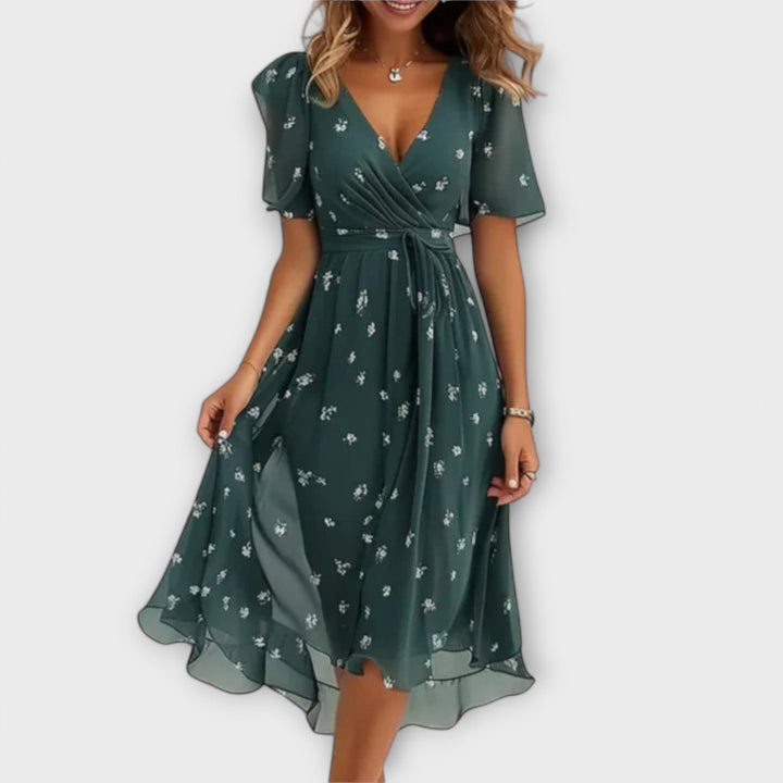 Isolde - Florales V-Ausschnitt Wickel-Midikleid